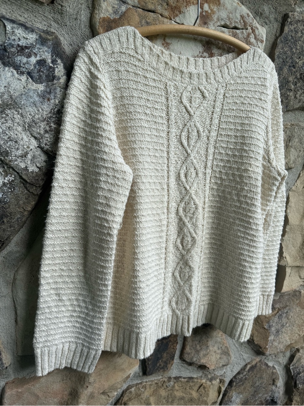 Jones New York Cream Cable-Front Crewneck Sweater XL Cotton Cottagecore Coastal - Picture 2 of 14